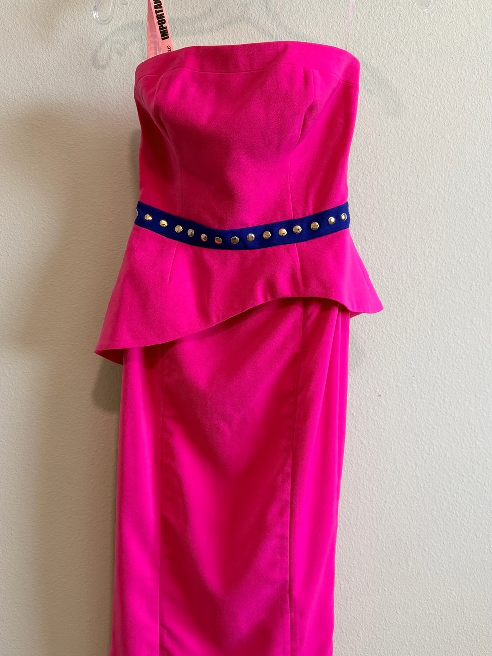 Strapless Hot Pink Peplum Dress with Navy Studded Waist